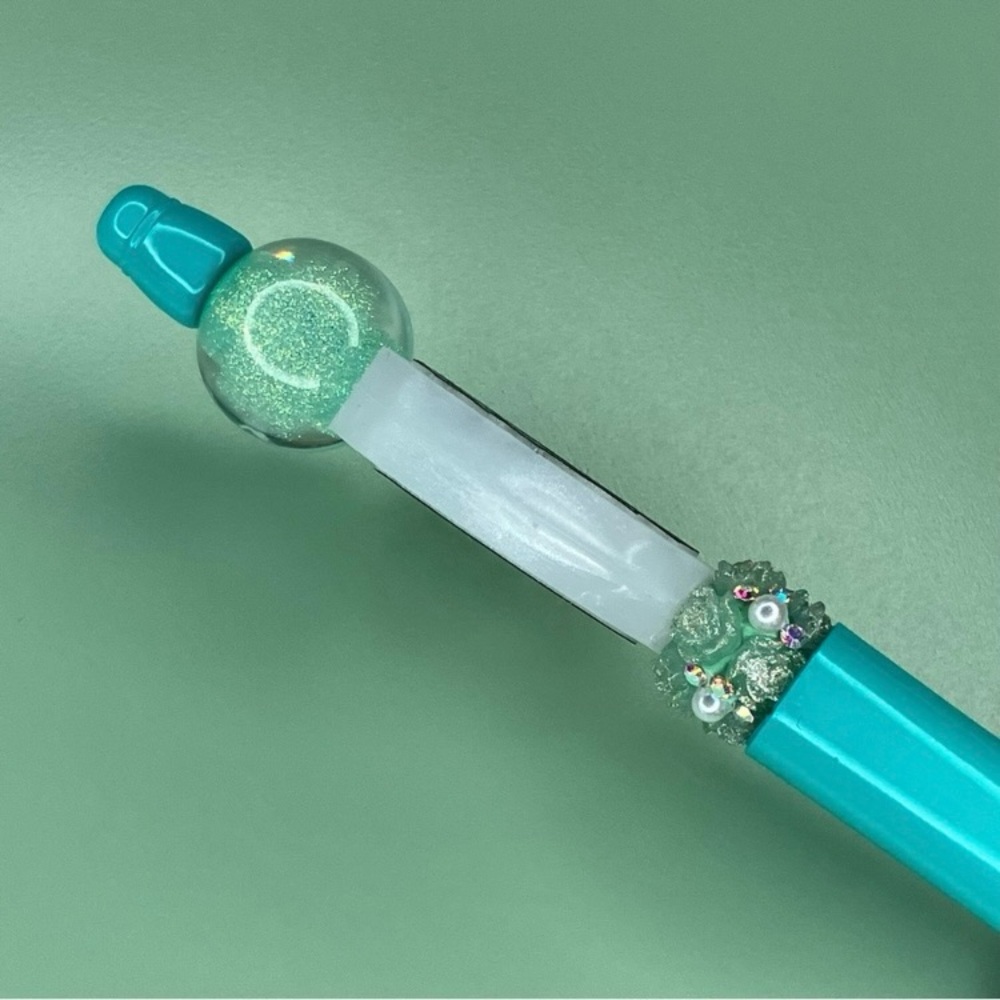 Teal and White Decorative Baby Holding Mother’s Hand Handmade Beaded Pen - Picture 3 of 5